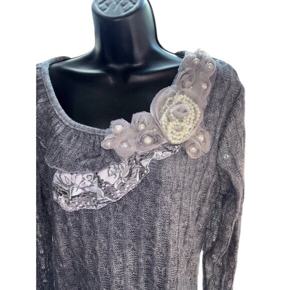 John Fashion Waffle / Ribbed Dress W Knitted Roses, Size X-Large, Sweater Dress - Picture 3 of 7